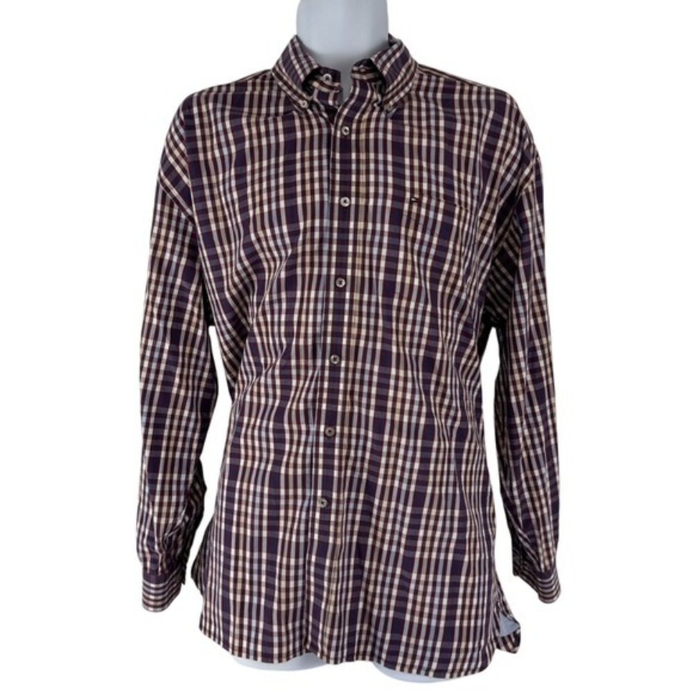 Tommy Hilfiger Button Down Shirt Men XL Purple Plaid Long Sleeve Cotton